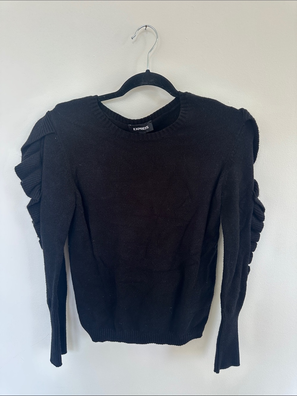 Express Black Knit Sweater with Ruffle Sleeves
